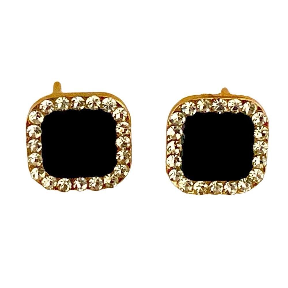 Men’s Art Deco 1820s Style Square Studs Faux Black Onyx with Rhinestones